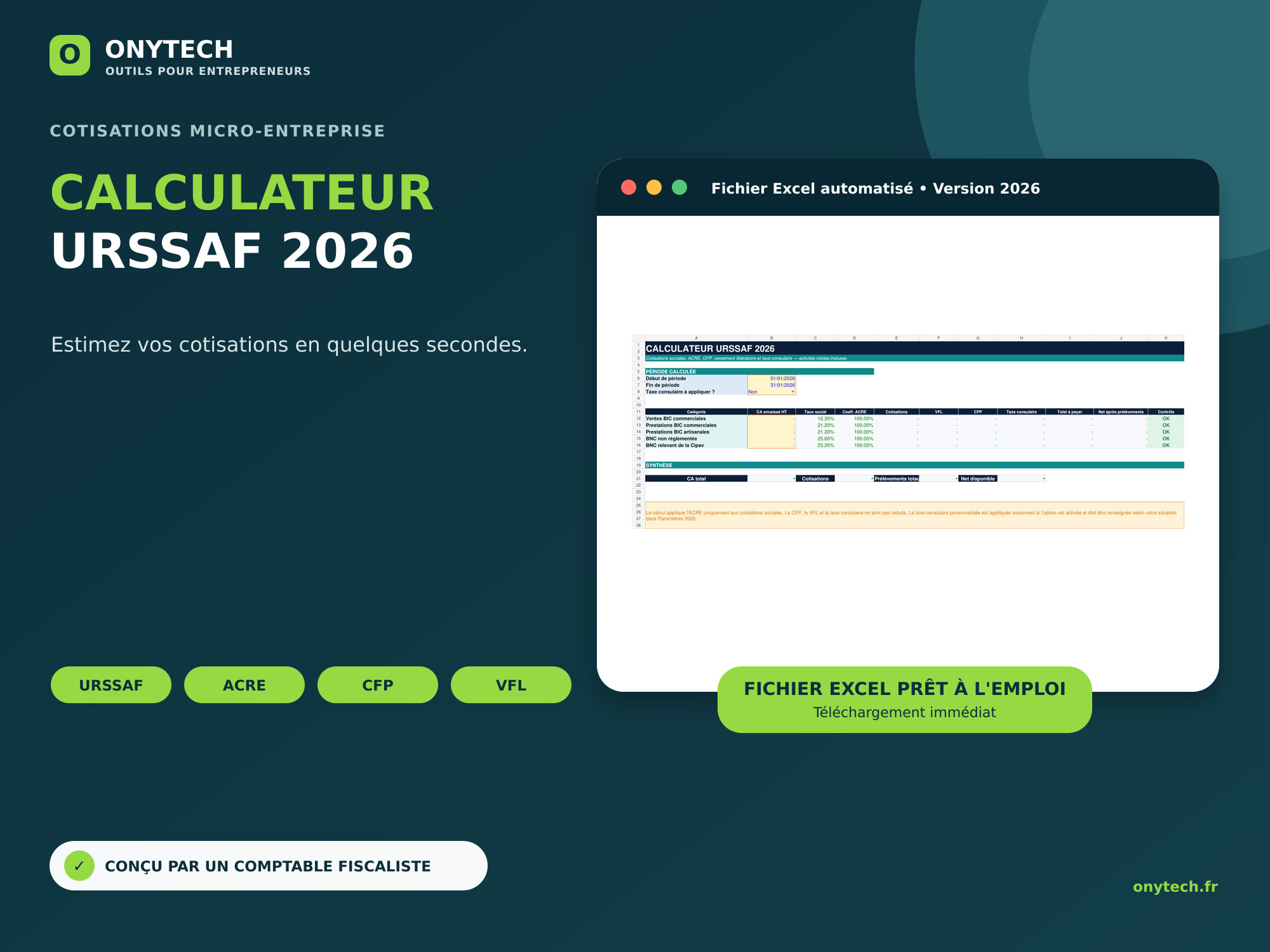 Couverture du calculateur URSSAF 2026 Excel pour micro-entrepreneur