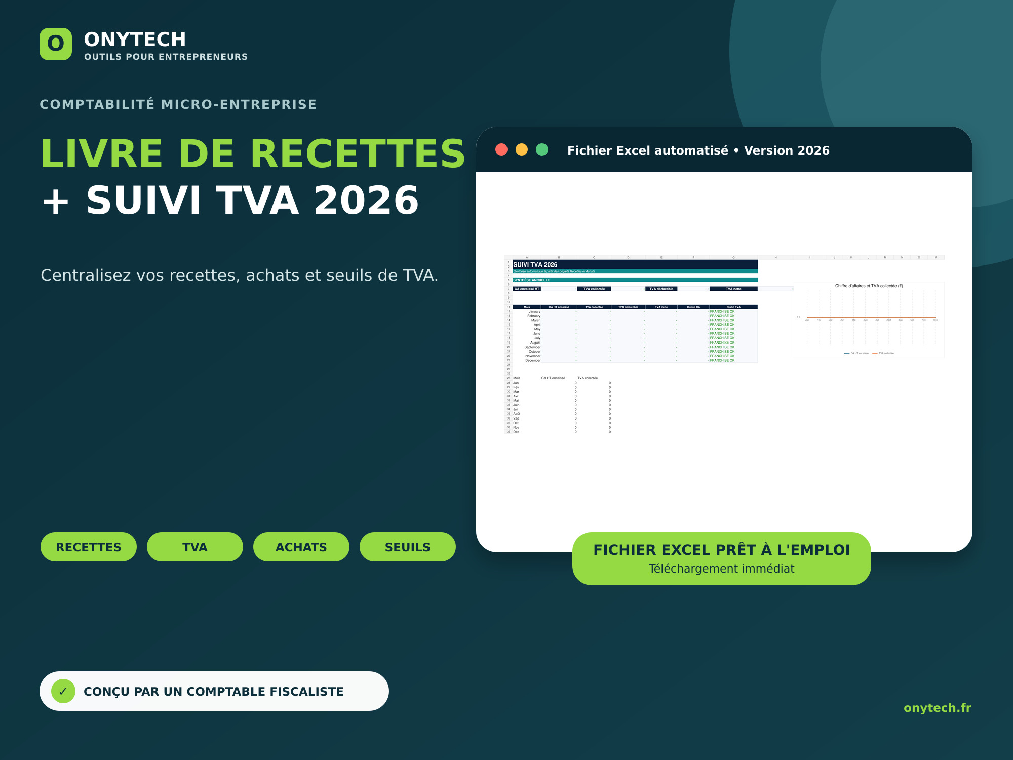 Couverture du livre de recettes et suivi TVA 2026 Excel Onytech